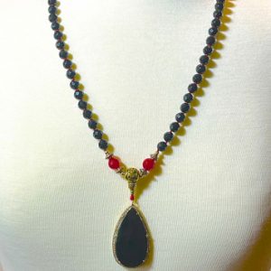 Faceted Black Onyx And Red Onyx Mala Necklace With Faceted Black Onyx Pendant Thumb