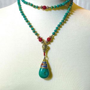Green Chinese Turquoise And Red Coral Mala Necklace With Turquoise Pendant1