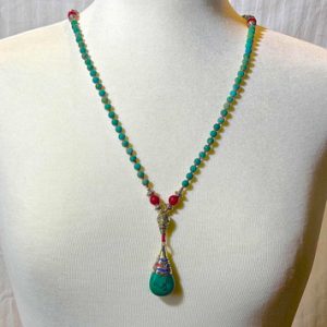 Green Chinese Turquoise And Red Coral Mala Necklace With Turquoise PendantThumb