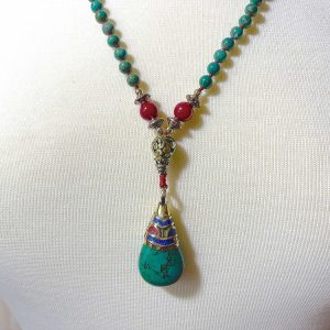 Greenturquoise-redcoral-mala-necklace-turquoise-pendant-long zoom