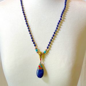Lapis And Turquoise Mala Necklace With Lapis PendantZoom