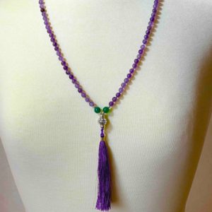 Amethyst And Green Onyx Mala Necklace With Purple Silk Tassel Thumb