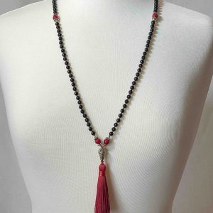 Black Onyx And Red Coral Mala Necklace With Red Silk Tassel