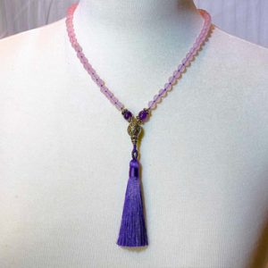 Rose Quartz And Amethyst Mala Necklace With Purple Silk Tassel Thumb